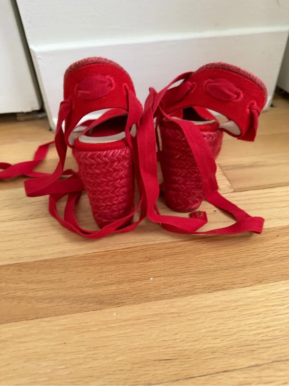 Stuart Weitzman Red Canvas Espadrille Wedge Sandals with Ankle Ties